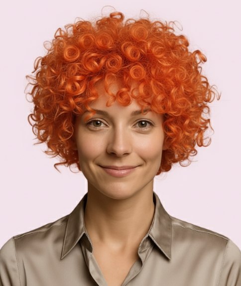 Coiffure courte avec boucles cuivrées encadrant le visage