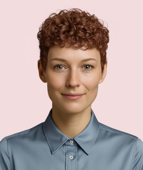 Coiffure courte avec longueur et boucles sur le dessus de la tête