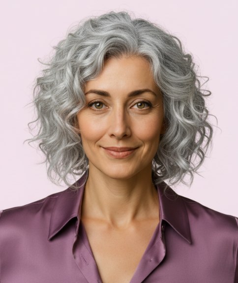 Cheveux gris longueur col, avec dégradés et ondulations