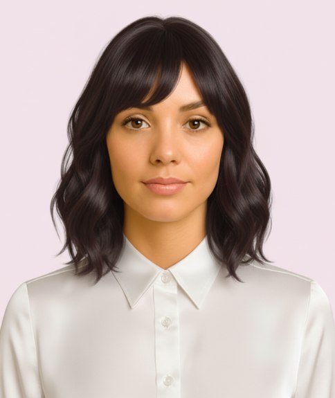 Coiffure mi-longue avec frange balayée sur le côté