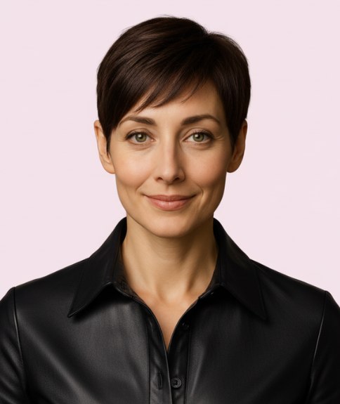 Coupe garçonne, cheveux courts autour des oreilles et plus longs sur le dessus