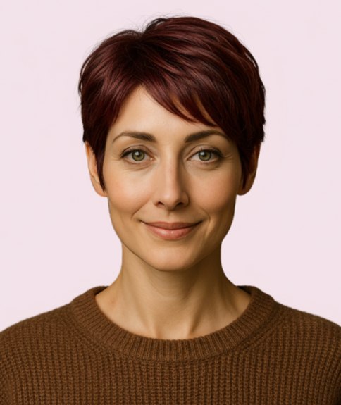 Coupe garçonne brune avec longueur sur le dessus pour plus de volume