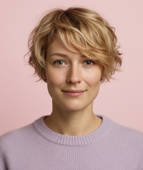 Coiffure courte blonde avec mèches naturelles