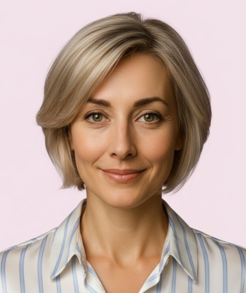 Carré bien coupé à hauteur du menton et légèrement plus court à l’arrière