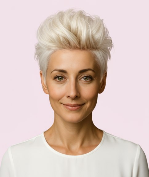 Coupe courte blond platine coiffée vers l’arrière