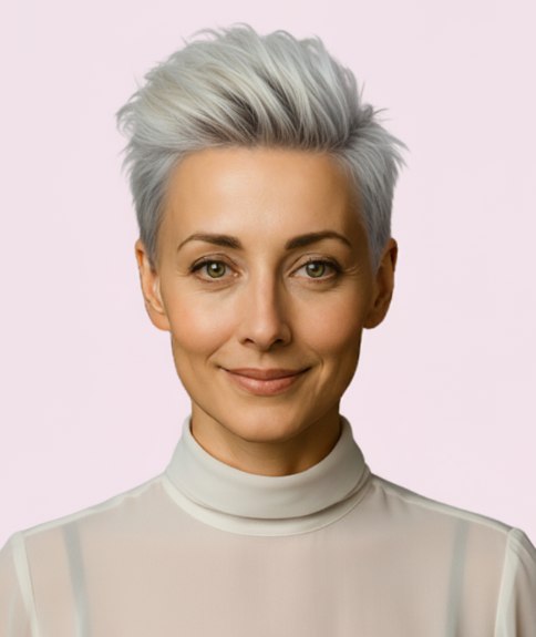 Coupe à la garçonne féminine pour cheveux gris poivre et sel