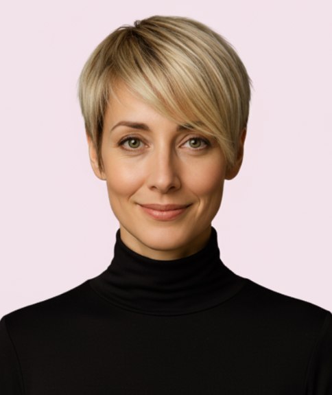 Superbe coupe à la garçonne blonde avec frange