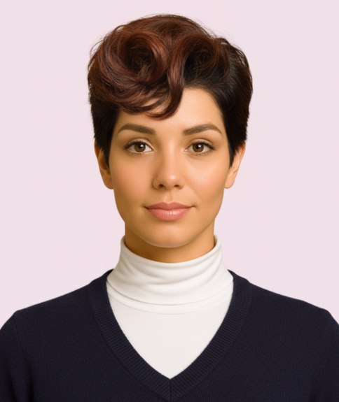 Pixie avec volume et mèches plus longues sur le dessus