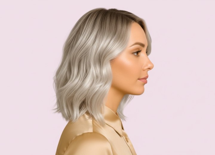 Cheveux blonds au niveau des épaules avec des vagues