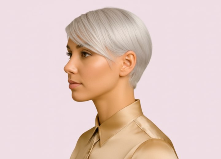 Cheveux blond platine courts et lisses – Vue de côté