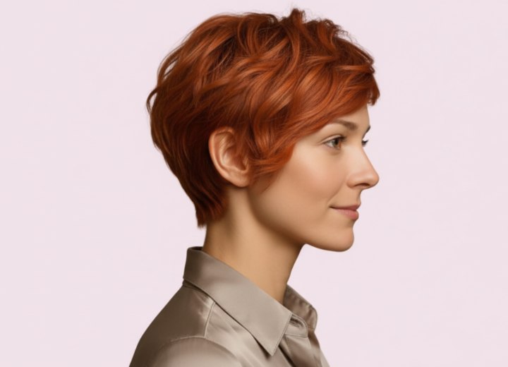 Cheveux roux courts et ondulés – Vue de côté