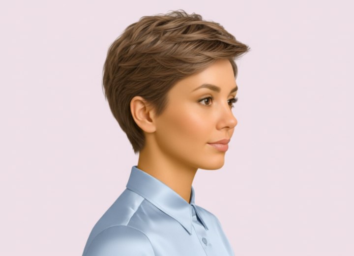 Coiffure coupe à la garçonne avec texture – Vue de côté