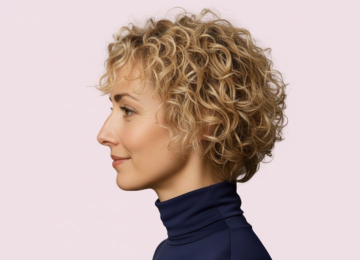 Style court pour cheveux bouclés blonds – Vue de côté
