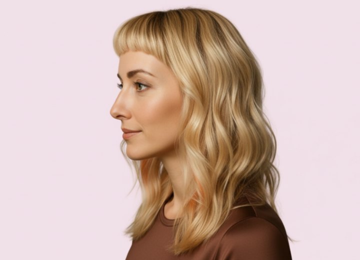 Cheveux longs et ondulés avec une frange très courte – Vue de côté