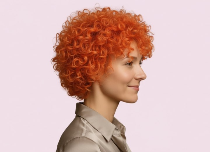 Cheveux courts orangés et bouclés – Vue de côté