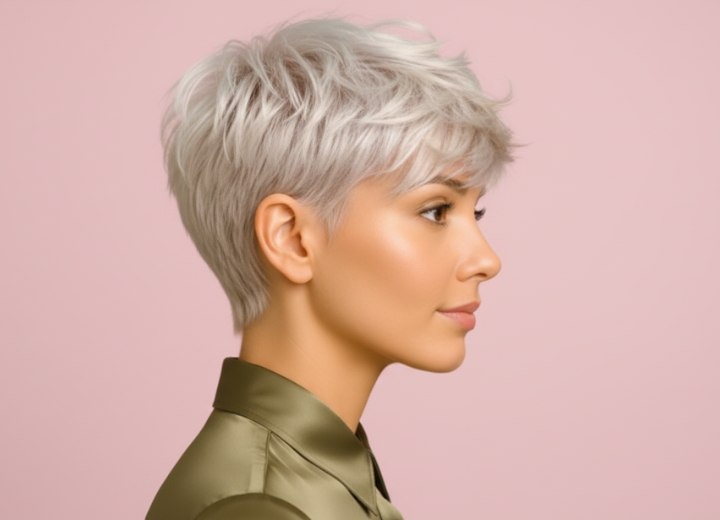Cheveux courts blond platine à l’allure décontractée – Vue de côté
