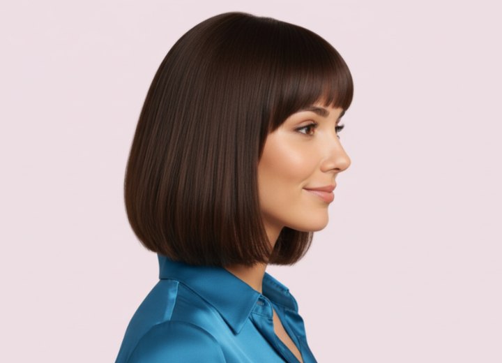 Coiffure longueur col avec frange – Vue de côté