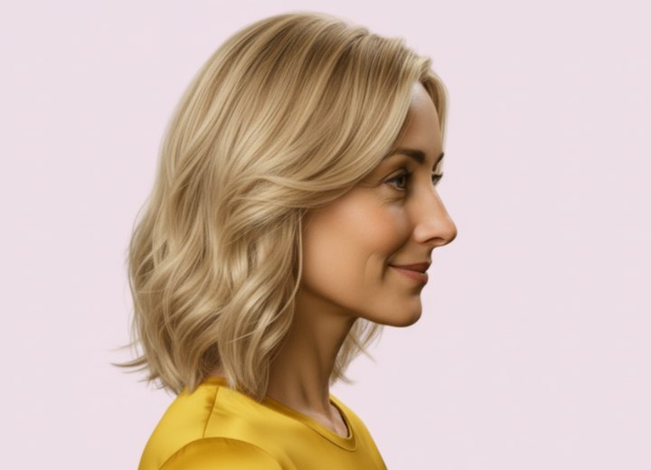 Cheveux blonds mi-longs et ondulés