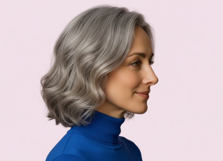Coiffure mi-longue pour femmes aux cheveux gris – Vue de côté