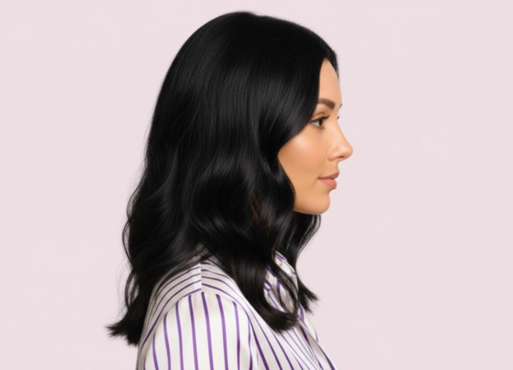 Cheveux longs ondulés à raie au milieu – Vue de côté