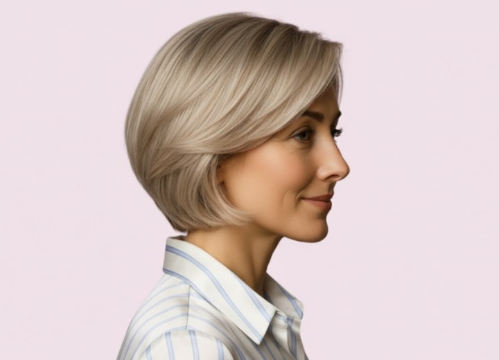 Coiffure courte avec raie prononcée sur le côté
