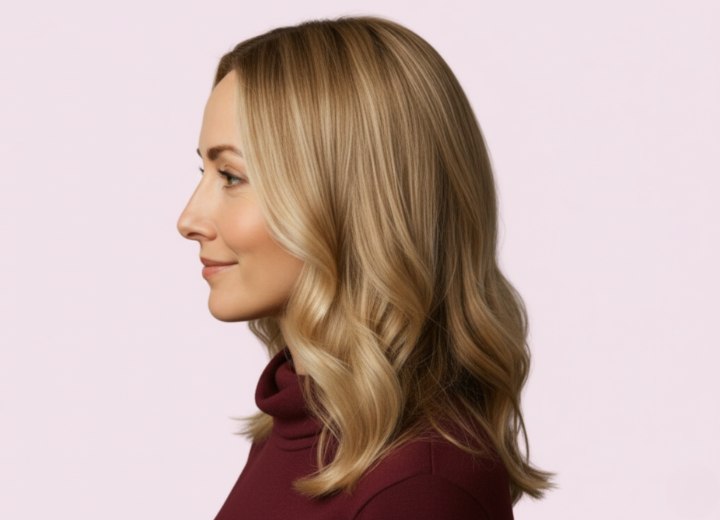 Coiffure longue et ondulée – Vue de côté