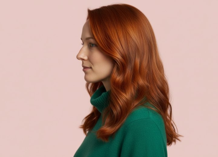 Cheveux roux longs aux belles vagues – Vue de côté