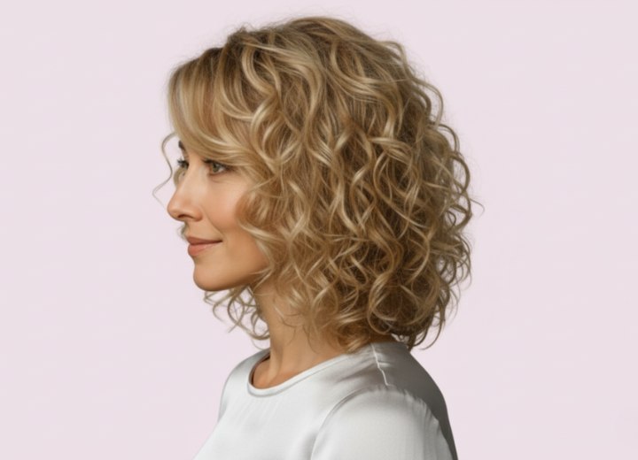 Cheveux mi-longs bouclés – Vue de côté