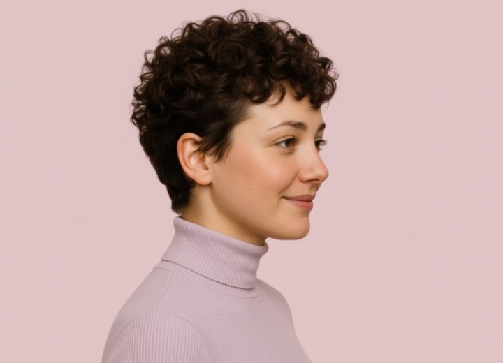 Coupe pixie courte avec des boucles – Vue de côté