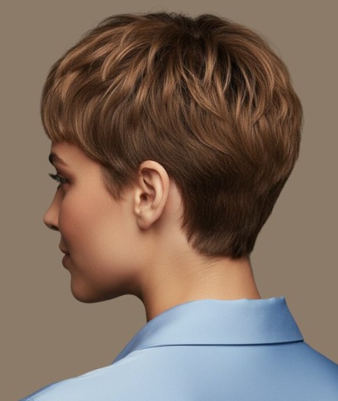 Femme aux cheveux courts féminins, portant une chemise en soie