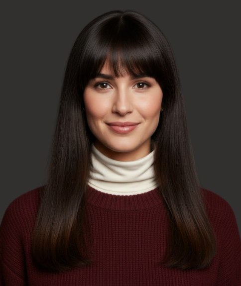 Cheveux longs bruns avec frange droite