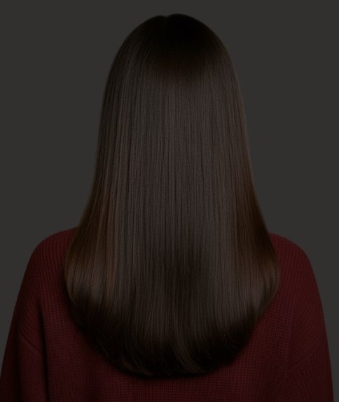 Cheveux longs bruns, lisses et soyeux – Vue de dos