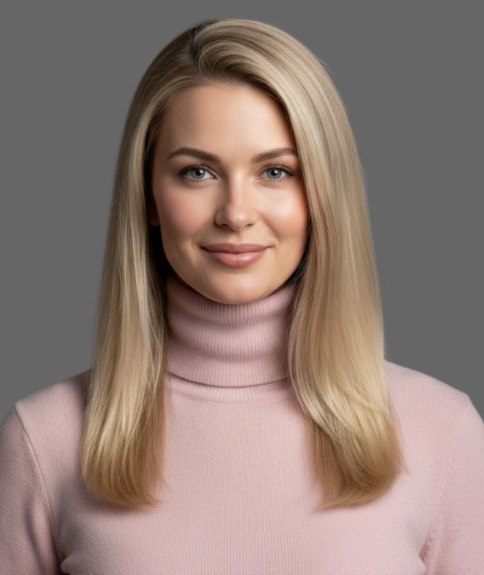 Femme aux cheveux longs blonds portant un col roulé