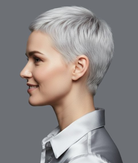 Femme aux cheveux gris tr&egrave;s courts portant une chemise satin&eacute;e