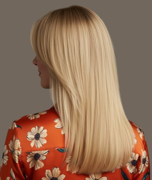 Femme aux cheveux longs blonds portant un chemisier fleuri – Vue de dos