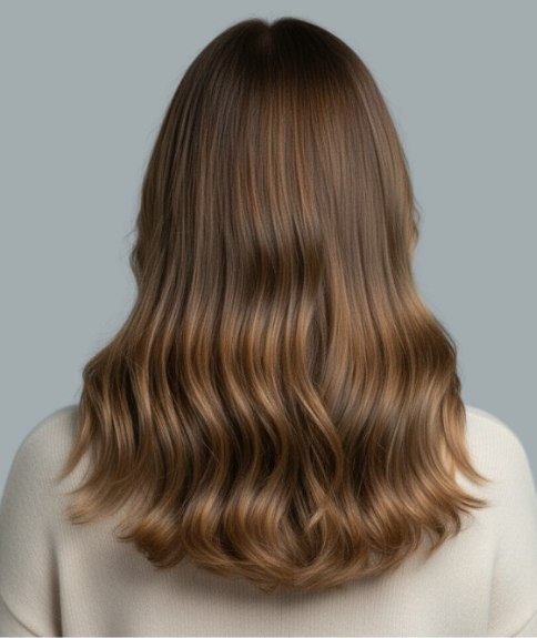 Cheveux longs bruns avec balayage – Vue de dos