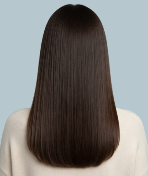 Cheveux longs brun espresso, brillants – Vue de dos