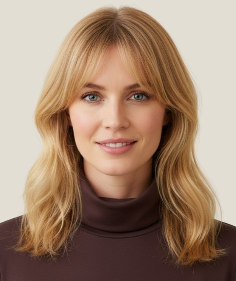 Coiffure longue à hauteur des clavicules avec frange rideau