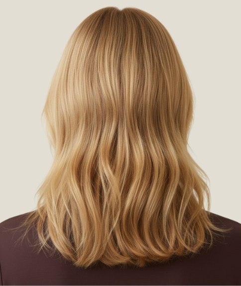 Cheveux blonds longs avec mèches claires et foncées – Vue de dos