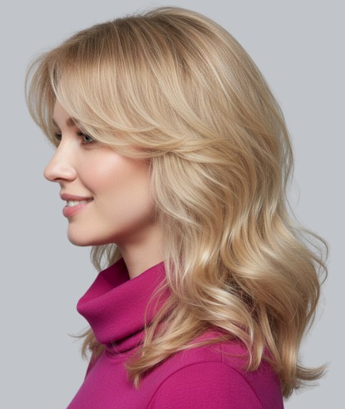 Cheveux longs blonds aux ondulations volumineuses &ndash; Vue de profil