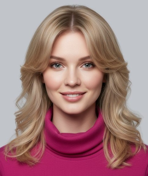 Cheveux longs blonds dégradés avec frange rideau