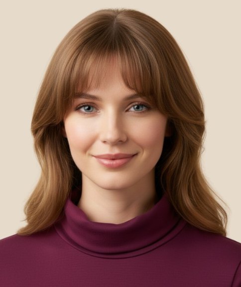 Cheveux longs avec une frange coupée en effet rideau