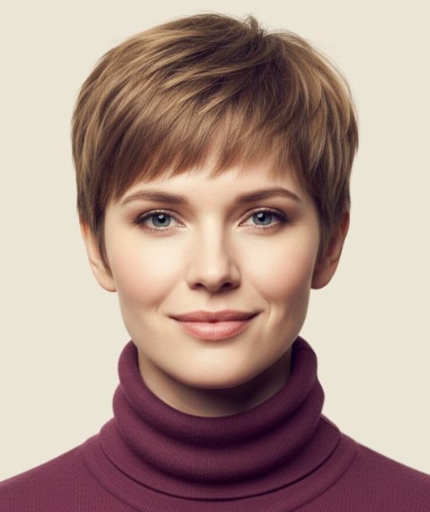 Coupe &agrave; la gar&ccedil;onne moderne avec une frange douce, associ&eacute;e &agrave; un col roul&eacute;