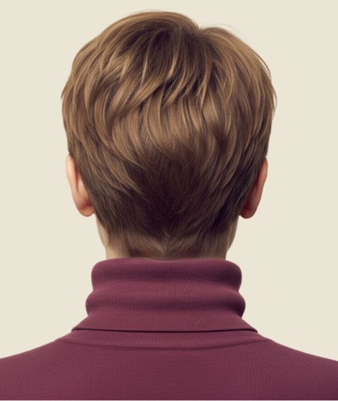 Cheveux courts bruns avec des m&egrave;ches caramel et miel &ndash; Vue de dos