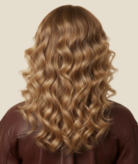 Cheveux longs blonds avec mèches champagne et dorées – Vue de dos