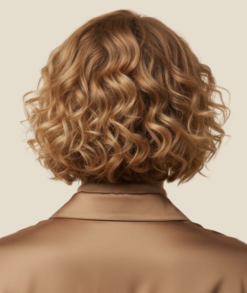 Cheveux blonds mi-longs boucl&eacute;s &agrave; la forme arrondie &ndash; Vue de dos