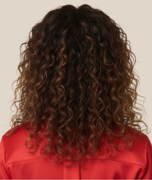 Cheveux longs bruns bouclés avec mèches – Vue de dos
