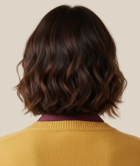 Cheveux brun fonc&eacute; avec m&egrave;ches caramel et brun clair &ndash; Vue de dos