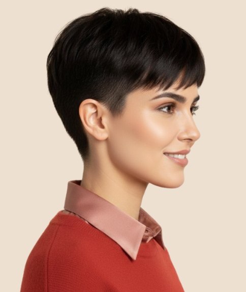 Coupe tr&egrave;s courte pour femme avec frange douce &ndash; Vue de profil