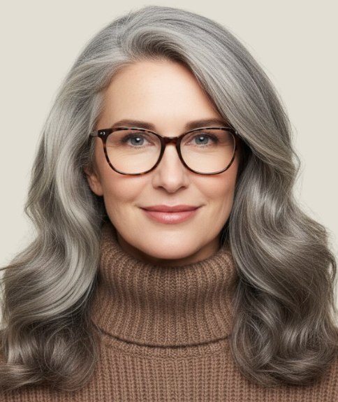 Femme mûre aux longs cheveux gris argent, portée avec des lunettes